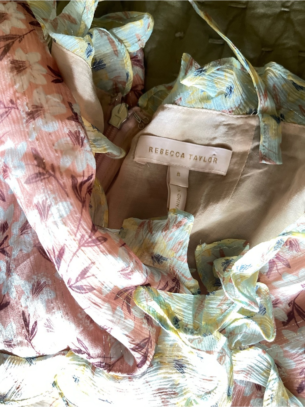 Rebecca Taylor Pink and Pale Green Floral Ruffle Slip - Picture 5 of 7